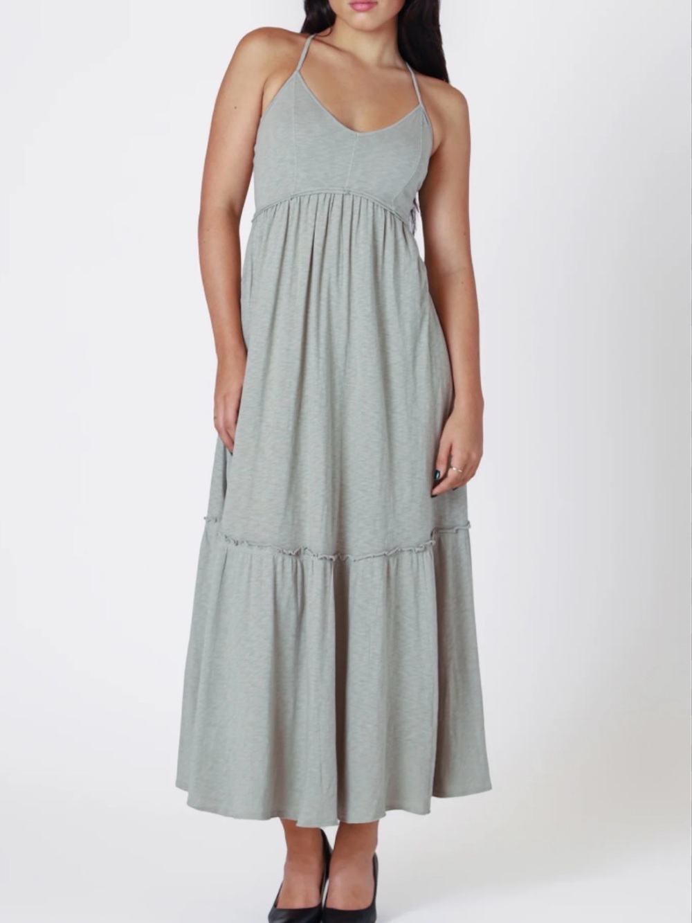 Sage Green Tiered Maxi Dress with Spaghetti Straps and Raw Edge